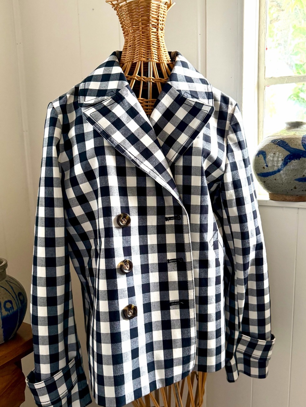 Ann Taylor Black & White Checkered Gingham Double-Breasted Jacket Sz S